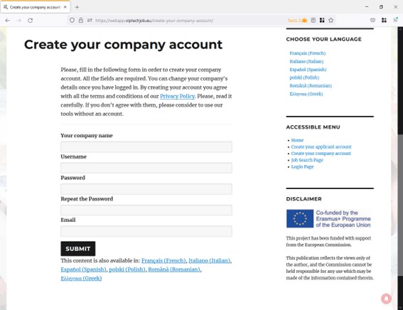 Create your company account screenshot