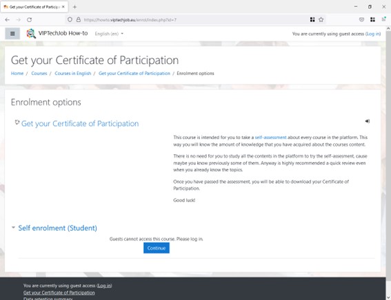 Get your certificate of participation enrolment screen