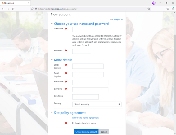 Account creation form